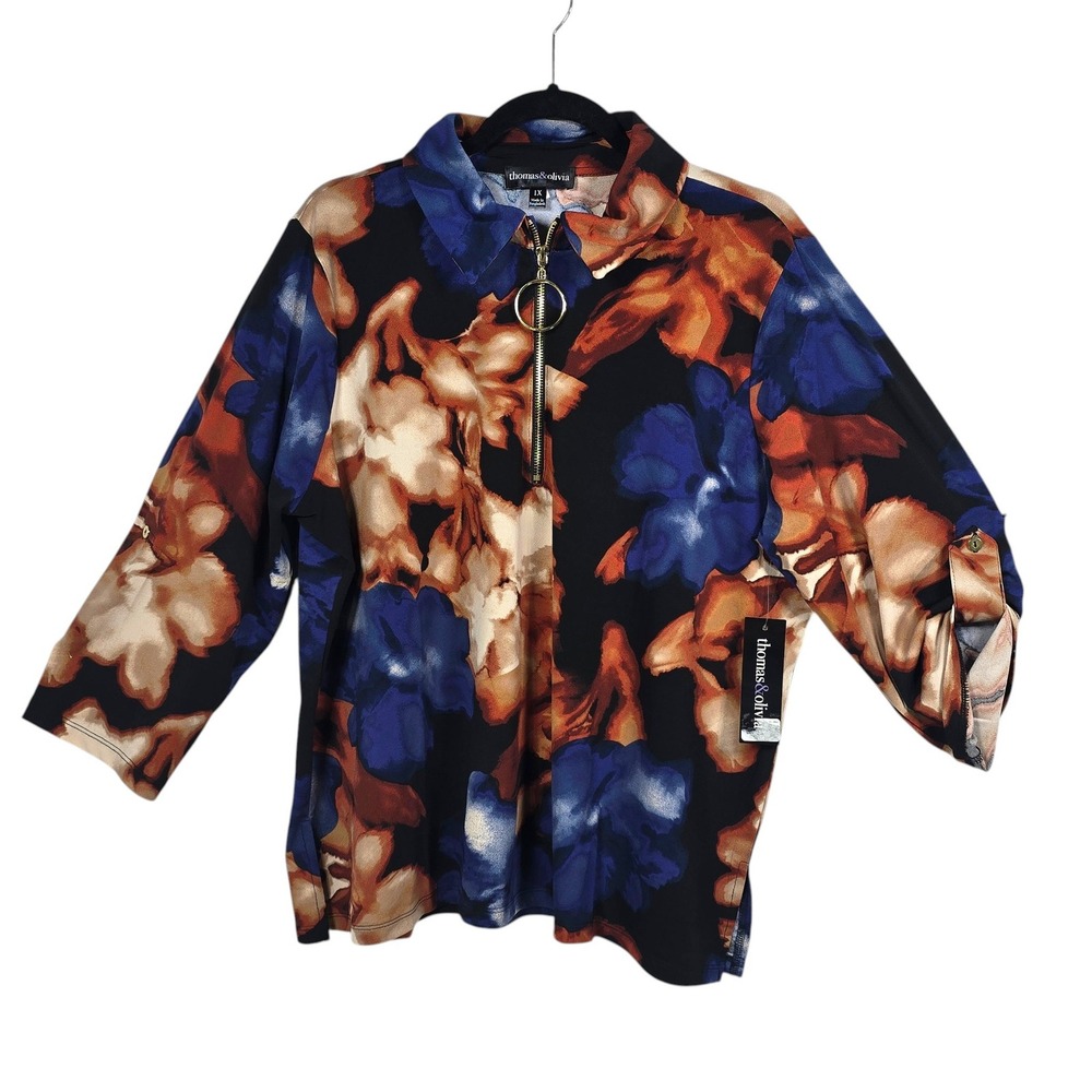 Thomas & Olivia Women 1X Floral Quarter Zip Roll Tab Sleeve Blouse Blue Orange